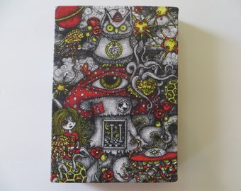 May include: A rectangular canvas print featuring a detailed, colorful illustration. The artwork includes an owl, a mushroom with an eye, and a girl with flowers. The color palette is dominated by red, yellow, and black, with intricate dot-work detailing.