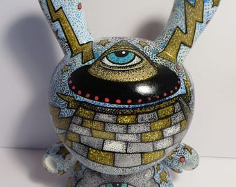 8" Custom Kidrobot Dunny 'Novus Ordo' OOAK Vinyl Art Toy Pen Ink Pointillism Artwork by Kelly Green The Cloud