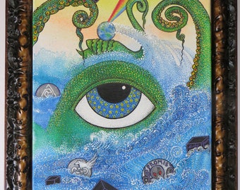 P5, Black Cubes & The Green Swan Original Painting w/Pen and Ink Art by Kelly Green