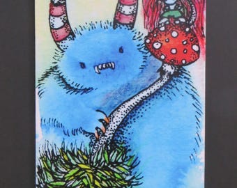 10 x20 Wrapped Canvas Print of Blue Fuzzy Monster & Troll Whimsical Weird art by Kelly Green