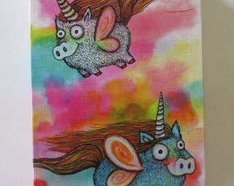 5 x 7 Wrapped Canvas Print of Pigicorns Mixed Media by Kelly Green Pop Surreal Whimsical Art