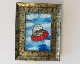 Spiders from Mars Original Painting with Pen & Ink Whimsical Space Art by Kelly Green