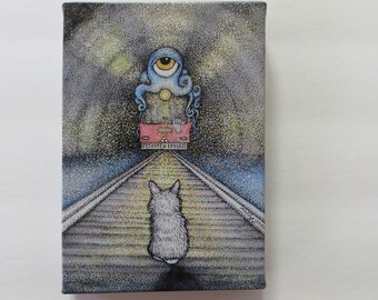 5 x 7 Wrapped Canvas Print of White Rabbit & The Light on the End of the Tunnel Mixed Media by Kelly Green Art