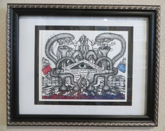 Bi-Partisan Blackmail Machine Original by Artist Kelly Green Black & White Red Pill Blue Pill Conspiracy Art