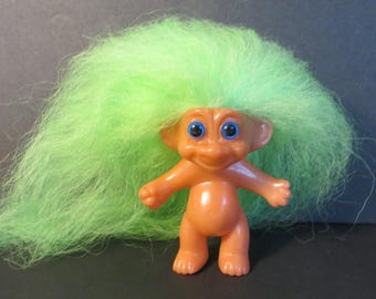 OOAK 2.5" Vintage Korean Troll Doll New Long 7" Green Icelandic Mohair New Blue Eyes