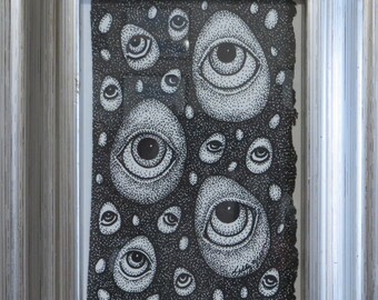 Eggmen Framed Original Pen and Ink All Seeing Eggs by Kelly Green Pop Surrealism Eggman