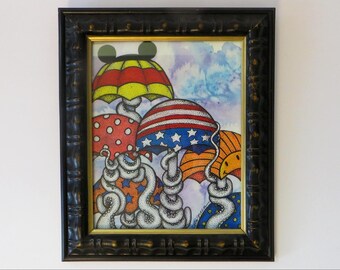 Octopus's Umbrellas 2 Original Painting w/Pen and Ink Art by Kelly Green