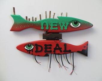 Green New Deal Red Herring Recycled Wood Fish Wall Hanging by Kelly Green Upcycled Conspiracy Art