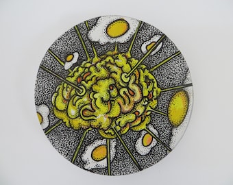 Brains on Drugs 2 Art by Kelly Green Original Mixed Medium Acrylic with Pen and Ink Pointillism on Wood Slab OOAK