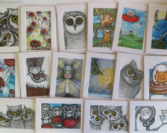 Pick Any 3 Matted Art Prints by Kelly Green Owls Space Hogs The Cloud Pigicorns