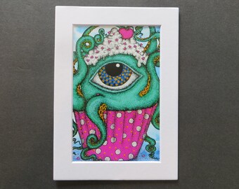 Octopus's Cupcake Costume Matted Print of Pen & Ink by Kelly Green Pop Surreal Whimsical Octopus Art