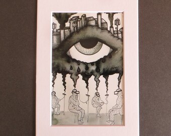The Cloud Matted Art Print of Pen & Ink by Kelly Green All Seeing Eye AI Technocracy