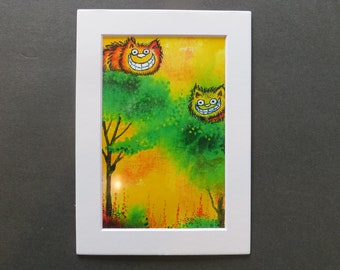 Cheshire Cats Matted Print of Pen & Ink by Kelly Green Pop Surreal Whimsical Cat Art