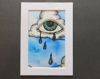 Crying Cloud Matted Print of Pen & Ink by Kelly Green Pop Surreal Whimsical Art