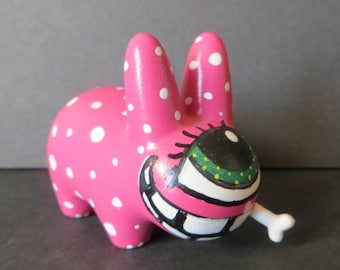 Custom Snorkin Labbit with White Polka Dots & Bone 2.5" OOAK Kidrobot Vinyl Art Toy by Kelly Green