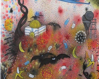 Bananas, Bats and Masks, Epstein & Friends Original Painting w/Pen and Ink Art by Kelly Green