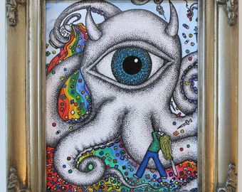 Hunting the Octopus Original Painting w/Pen and Ink Art by Kelly Green