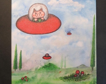 5 x 7 Wrapped Canvas Print of Space Hogs by Kelly Green Whimsical Pigs in Space Art