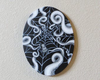 The Octopus and The Spider 2 Original Oval Painting w/Pen and Ink by Kelly Green Conspiracy Art