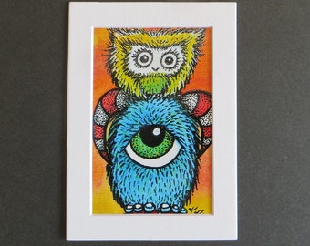 Owl Monster Mushroom Matted Print of Pen & Ink by Kelly Green Pop Surreal Whimsical Art