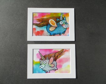 2 Pack Pigicorn Art Prints by Kelly Green Whimsical Flying Pig Unicorn Print Artwork