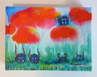 5 x 7 Wrapped Canvas Print of Blue Fuzzy Monsters SALE Kelly Green art