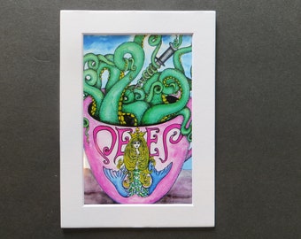 Deep Brew Costume Matted Print of Pen & Ink by Kelly Green Pop Surreal Whimsical Octopus Art