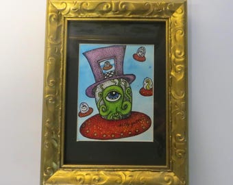 All Seeing Octopus in a Spaceship with a Top Hat, Framed Original Acrylic Painting w/Pen & Ink by Kelly Green 2019 Conspiracy art