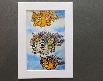 3 Pigicorns with Candy corn horns Matted Print of Pen & Ink by Kelly Green Pop Surreal Whimsical Flying Pig Art