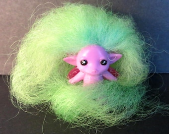 OOAK 1.5" Zelf Pink Tiny Retro Vintage Troll Doll with Wings New Long 7" Green Icelandic Mohair