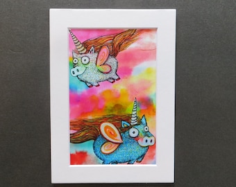 2 Pigicorns Matted Print of Pen & Ink by Kelly Green Pop Surreal Whimsical Pigicorn Flying Pig Art
