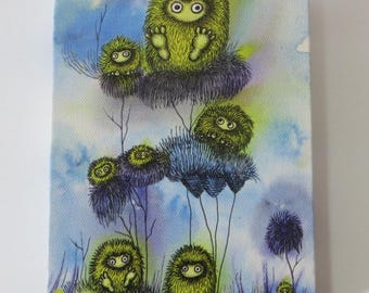 5 x 7 Wrapped Canvas Print of Little Yellow Yetis Mixed Media by Kelly Green Art