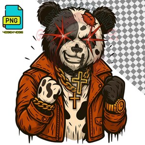 Könnte beinhalten: Digitale Illustration eines Pandabären mit brauner Lederjacke, goldener Kette mit Kreuzanhänger und goldener Uhr. Der Panda hat rote sternförmige Augen und eine genähte Wunde am Kopf. Das Bild enthält ein PNG-Dateisymbol.