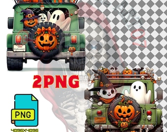 Halloween Jeep PNG: Ghost & Pumpkin Clipart, Fall Sublimation Design (Digital Download)