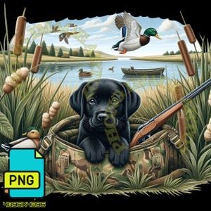 Black Lab Hunting Dog PNG - Waterfowl Hunting Scene, Labrador Puppy in Camo Bag, Digital Download