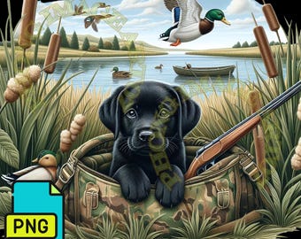 Black Labrador Welpe PNG: Camo Jagdszene (Digitaler Download)