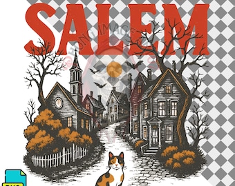 Take Me to Salem Halloween PNG – Vintage Spooky Cat & Haunted Village Clipart