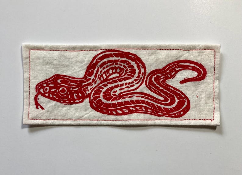 Handmade Linocut patch - Garter Snake Red/White