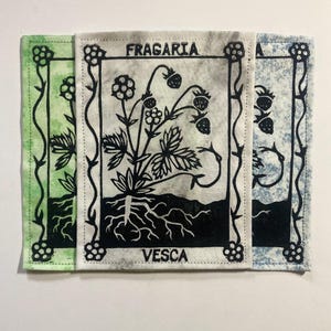 以下が含まれることがあります： 根を持つイチゴの植物の黒いインクブロックプリントが施された3枚の長方形の布製パッチ。それぞれに「FRAGARIA VESCA」の文字が印刷されています。背景はライトグリーン、オフホワイト、ライトブルーで、まだら模様のテクスチャが特徴です。