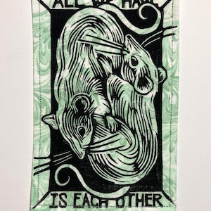 Handmade Linocut Patch - Rats / All We Have Is Each Other Black/Green Swirl