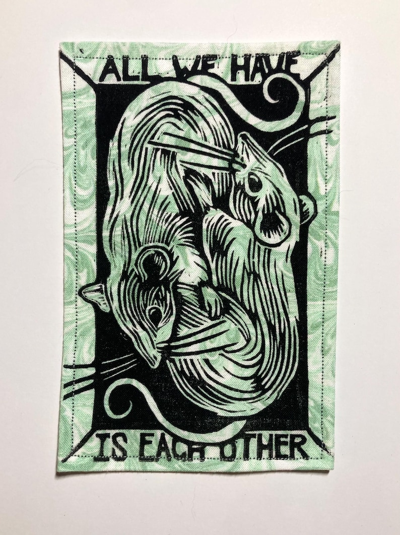 Handmade Linocut Patch - Rats / All We Have Is Each Other Black/Green Swirl