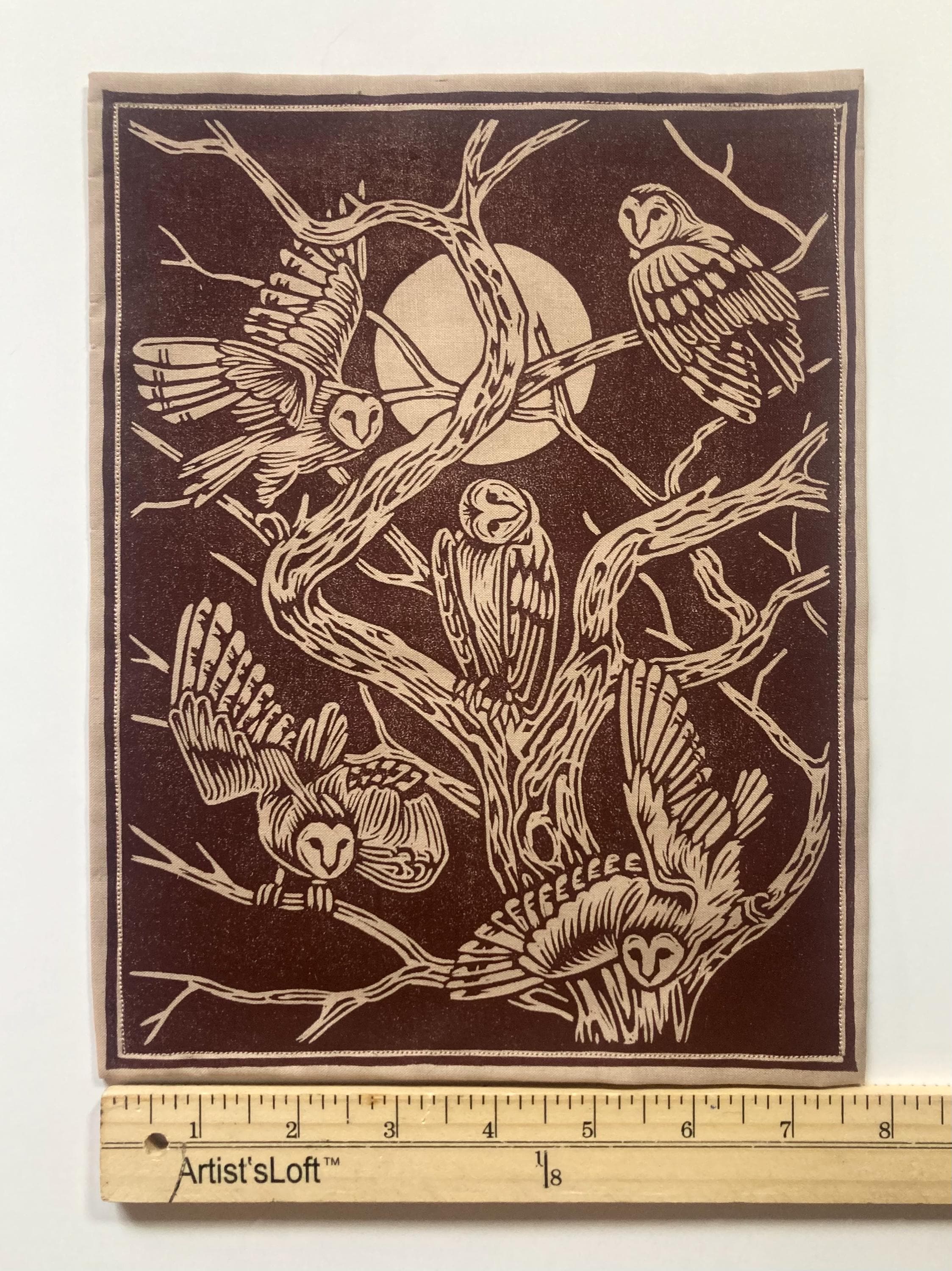Hand Printed Back Patch - Owls in the Oak Tree