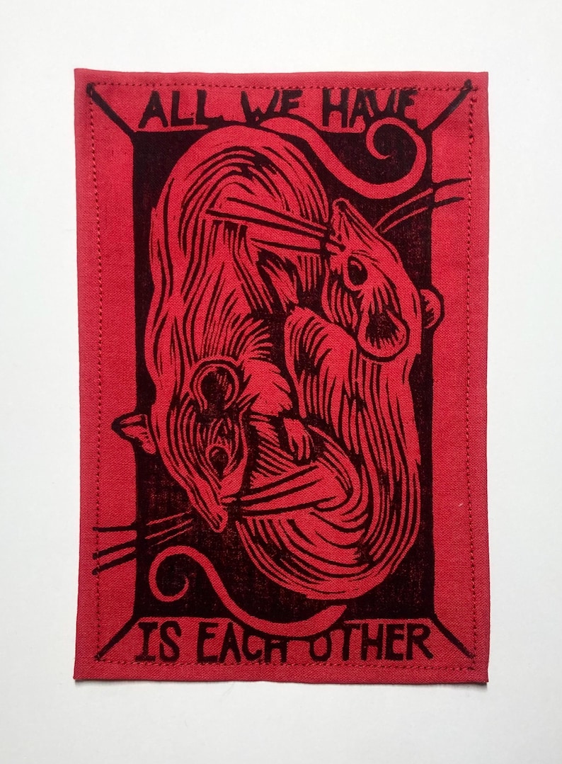 Handmade Linocut Patch - Rats / All We Have Is Each Other Black/Red