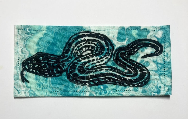 Handmade Linocut patch - Garter Snake Black/Tide