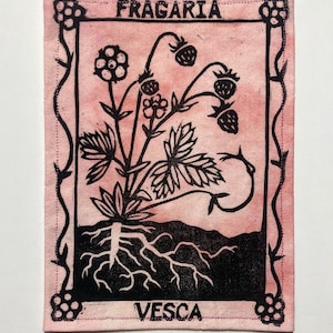 Handmade Linocut Patch - Wild Strawberry/Fragaria Vesca