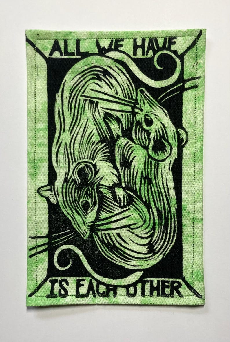 Handmade Linocut Patch - Rats / All We Have Is Each Other Black/Lime Green