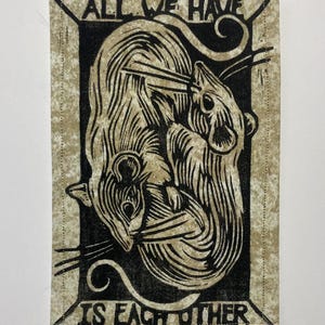 Handmade Linocut Patch - Rats / All We Have Is Each Other Black/Tan Crackle
