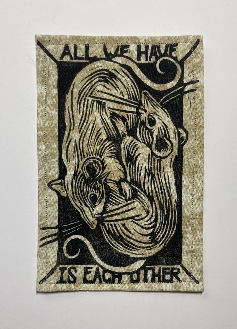 Handmade Linocut Patch - Rats / All We Have Is Each Other Black/Tan Crackle