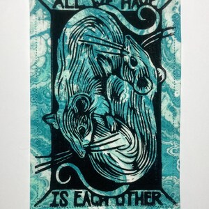 Handmade Linocut Patch - Rats / All We Have Is Each Other Black/Tide