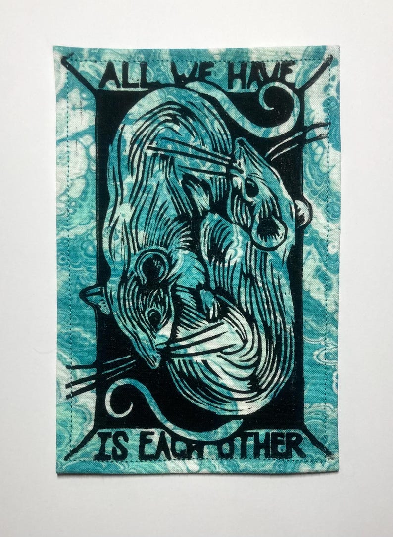 Handmade Linocut Patch - Rats / All We Have Is Each Other Black/Tide